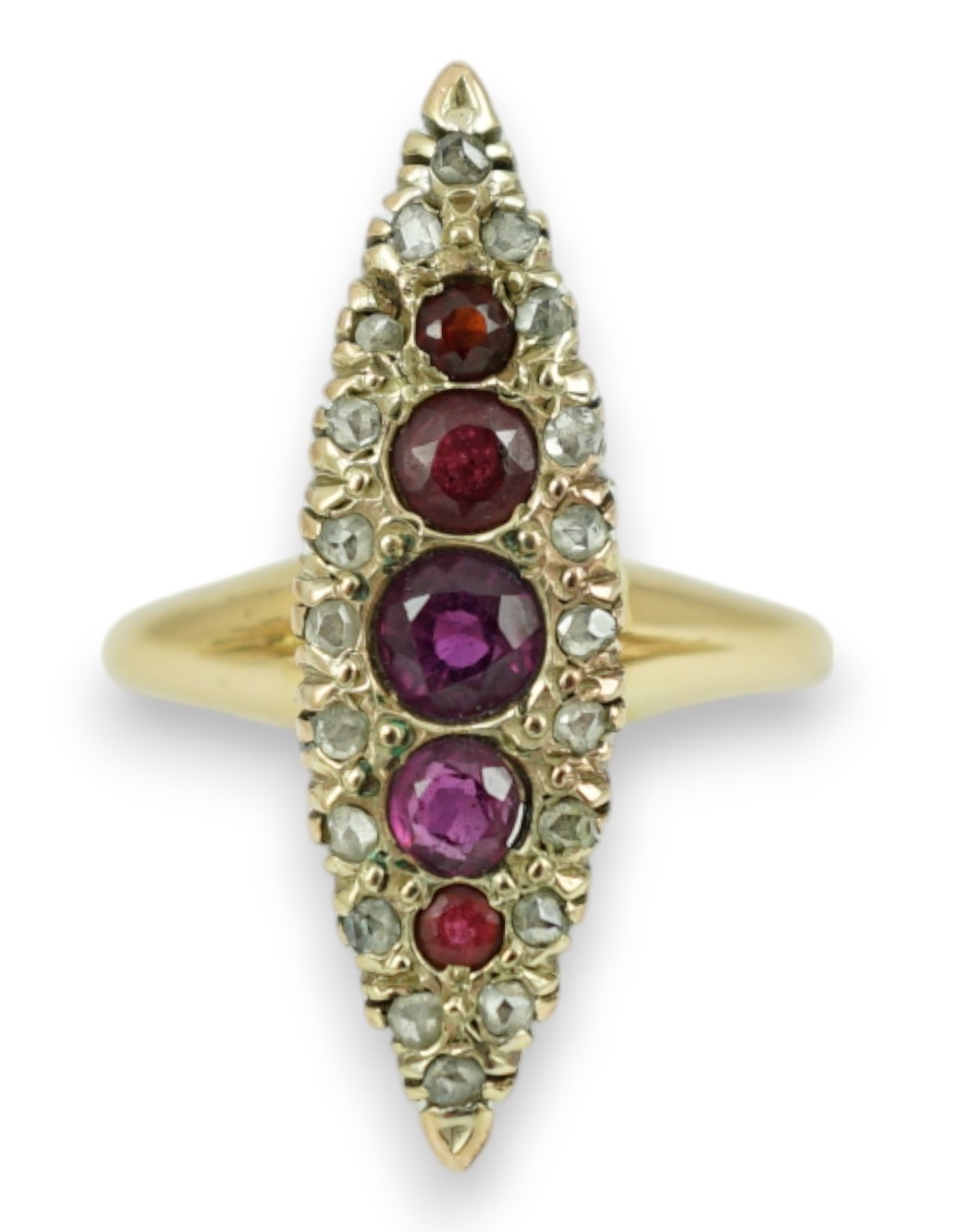 A late Victorian 18ct gold, ruby? and diamond marquise cluster set ring, size L, gross weight 3.5 grams.